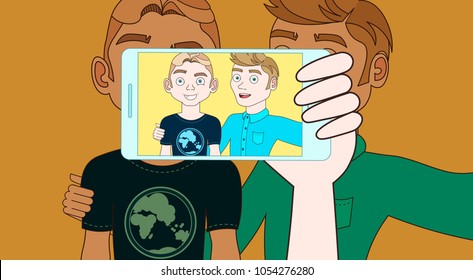 Hand With Smartphone Take Selfie Of Two Young Men