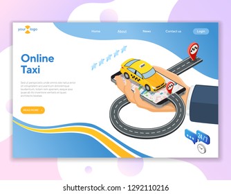 Hand with smartphone, taxi car, road and route pin. Online taxi 24/7 service concept. isometric icons. isolated vector illustration. Landing page template