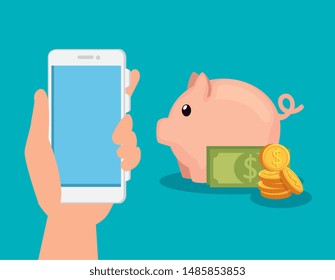 hand with smartphone technology and coins with bills