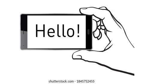 Hand with smartphone and text Hello. Vector Illustration.