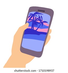 Hand with smartphone. Tropical beach on display. Online holiday travel mobile app concept. Vector hand drawn illustration in flat style isolated on white background. 