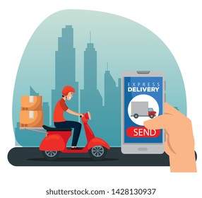 hand smartphone with truck and man in the motorcycle