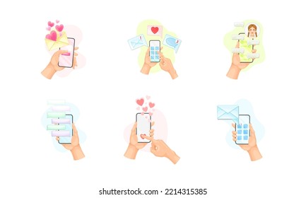 Hand with Smartphone Using Chat Software Text Messaging Vector Set