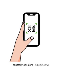 hand with smartphone vector icon sticker, qr code scanning . concept of technology for instant payment or tech pay method without money. 