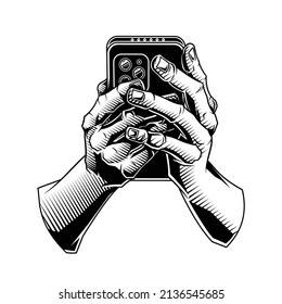 Hand with smartphone. Vector illustration of hands holding smartphone device in engraving technique isolated.