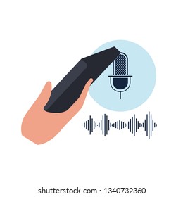 hand with smartphone and voice assistant