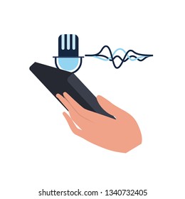 hand with smartphone and voice assistant