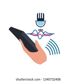 hand with smartphone and voice assistant