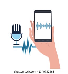 hand with smartphone and voice assistant