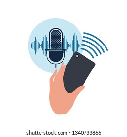 hand with smartphone and voice assistant