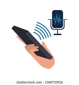 hand with smartphone and voice assistant