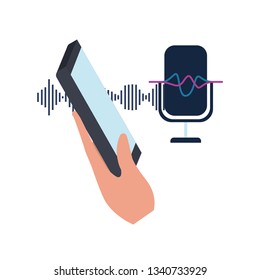 hand with smartphone and voice assistant