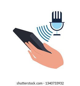 hand with smartphone and voice assistant