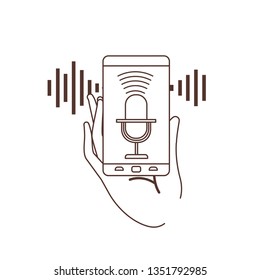 hand with smartphone and voice assistant