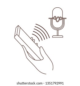 hand with smartphone and voice assistant