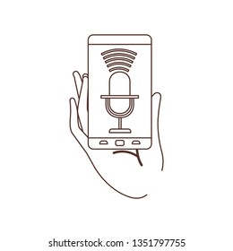 hand with smartphone and voice assistant