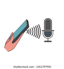 hand with smartphone and voice assistant