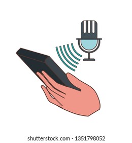 hand with smartphone and voice assistant