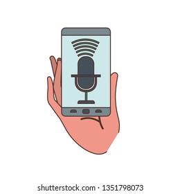 hand with smartphone and voice assistant