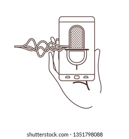 hand with smartphone and voice assistant