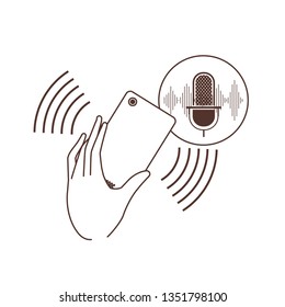 hand with smartphone and voice assistant