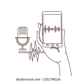 hand with smartphone and voice assistant