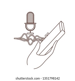 hand with smartphone and voice assistant