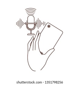 hand with smartphone and voice assistant