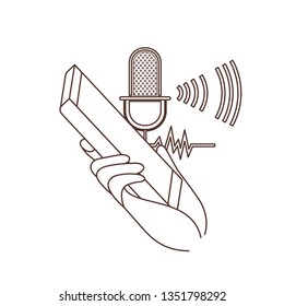 hand with smartphone and voice assistant