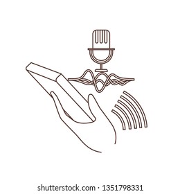 hand with smartphone and voice assistant