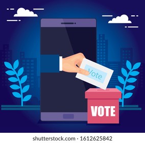 hand and smartphone for vote online with ballot box vector illustration design