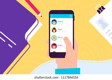 The hand with the smartphone and web application with different userpics. Flat design vector illustration. 