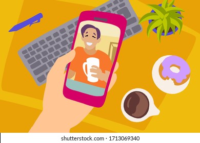 Hand with smartphone and workspace background. Chatting with friends or family online. Virtual meet up, video conference. Vector flat style hand drawn illustration. Social-distance.