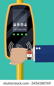 Hand with smartwatch and bank card near terminal. Airport, metro, bus, subway ticket validator. Wireless contactless cashless payments, rfid nfc. Vector illustration in flat style