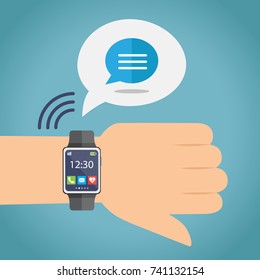 Hand with smartwatch and bubble chat social media. Vector illustrator.