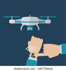 hand with smartwatch connected drone gadgets technology vector illustration