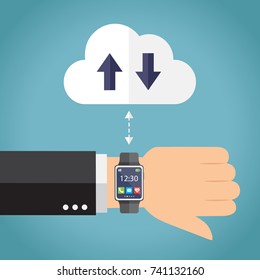 Hand with smartwatch connecting. Vector illustrator.