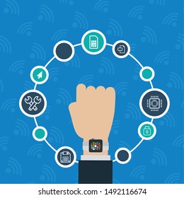 hand with smartwatch digital gadgets technology vector illustration