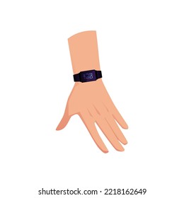 Mano con reloj inteligente o pulsera de fitness, ilustración vectorial plana aislada en fondo blanco. Dispositivo digital moderno para el deporte y el estilo de vida saludable. Observar la muñeca en mano humana.