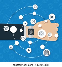 hand smartwatch internet connection gadgets technology vector illustration