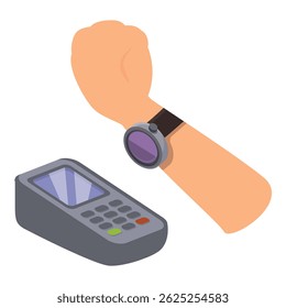 Mano con smartwatch haciendo un pago sin contacto en un terminal pos