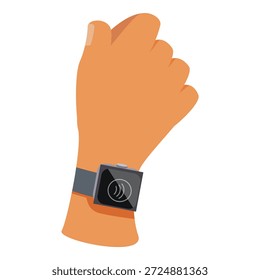 Mão com smartwatch fazendo um pagamento sem contato usando a tecnologia nfc
