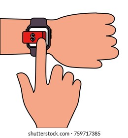 hand with smartwatch money button application