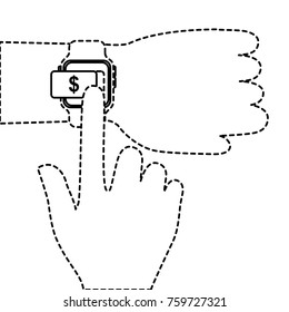 hand with smartwatch money button application
