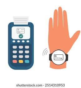 Mano con reloj inteligente con tecnología NFC para pagos sin contacto. Terminal pos con pago aprobado 