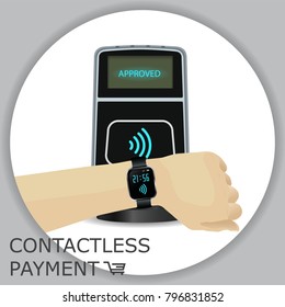 Hand with smartwatch paying for products by contactless payments technology. Modern Payment terminal approves the money transfer. Vector