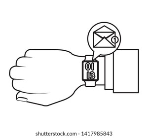 hand with smartwatch sending email