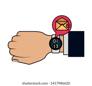 hand with smartwatch sending email
