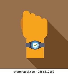 Hand with smartwatch showing check mark icon on screen, flat style