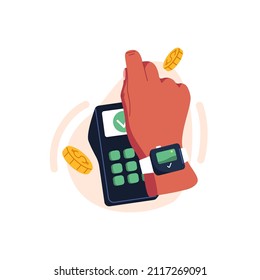 Hand in smartwatches during contactless wireless payment with terminal. Person paying with wrist smart watches, buying with cashless device. Flat vector illustration isolated on white background